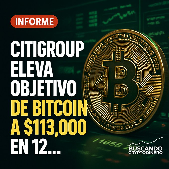 A financial news graphic in Spanish from 'Buscando Cryptodinero' reads 'INFORME: CITIGROUP ELEVA OBJETIVO DE BITCOIN A $113,000 EN 12...' alongside a gold Bitcoin coin.