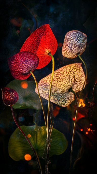 A vibrant, surreal digital artwork of translucent, glowing flowers with red and yellow petals and intricate veined textures set against a dark, misty background.