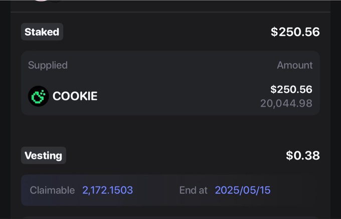 A cryptocurrency staking dashboard showing a staked balance of $250.56 in COOKIE tokens (20,044.98) with $0.38 vesting, 2,172.1503 claimable, ending 2025/05/15.
