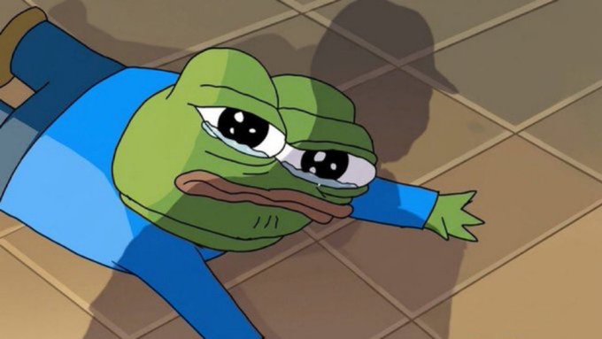 The 'sad Pepe the Frog' meme depicting a green frog in a blue shirt lying flat on a tiled floor with a melancholic expression and outstretched arm.