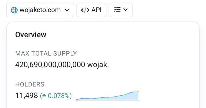 A screenshot from wojakcto.com showing the Wojak token overview with a max total supply of 420,690,000,000,000 wojak and 11,498 holders.