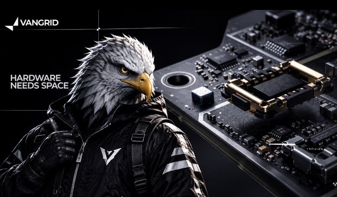 A promotional graphic for VANGRID featuring a person wearing an eagle mask and a black jacket with the tagline 'HARDWARE NEEDS SPACE' alongside a close-up of a circuit board.