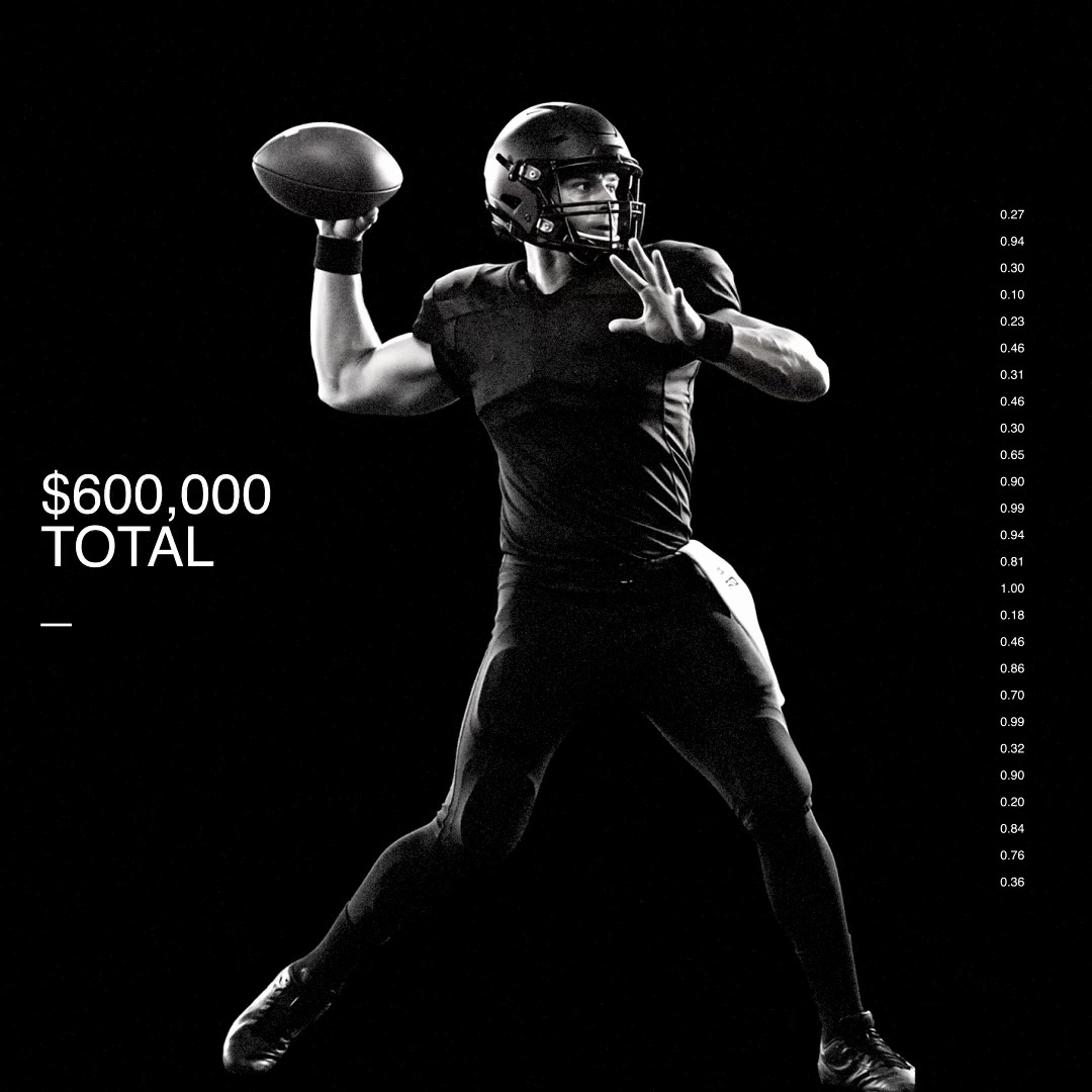 A black-and-white image shows a quarterback in mid-throw motion, with the text "$600,000 TOTAL" displayed on the left side, aligning with the post's teaser about the upcoming season being 99% loaded—suggesting a near-complete financial or roster reveal tied to the new campaign.