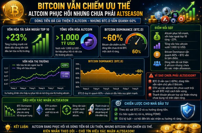 Vietnamese-language infographic analyzing the crypto market, with headlines 'BITCOIN VẪN CHIẾM ƯU THẾ' and 'BITCOIN DOMINANCE ~60%', including various charts and market statistics.