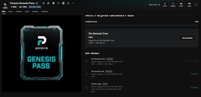 The image shows the PerpVia Genesis Pass NFT minting page, featuring a glowing blue "GENESIS PASS" card with a supply of 999, free minting at 3:00 PM GMT+5:30, and a 1 per wallet limit. The page displays scheduled mints for "Via Genesis Core" and a "Public stage," matching the OpenSea listing for PerpVia's free mint on August 10.