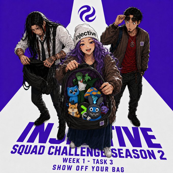 Promotional artwork for 'INJECTIVE SQUAD CHALLENGE SEASON 2 - WEEK 1 - TASK 3 - SHOW OFF YOUR BAG' featuring three illustrated characters displaying a backpack filled with plush toys and figurines against a purple background.