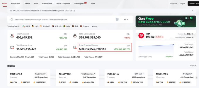 TronScan blockchain explorer dashboard showing Total Accounts of 405,649,251, Total Value Locked of $28,908,585,040, and Total Transfer Volume of $30,012,276,898,162, along with recent block listings.