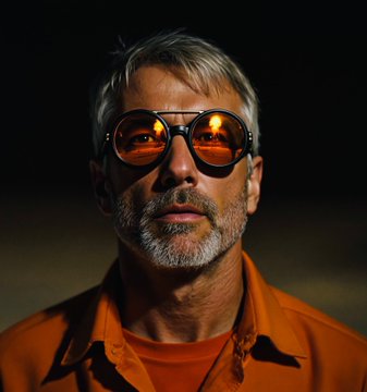 A distinguished man with gray hair and beard wears round orange-tinted glasses and an orange shirt, projecting a visionary presence. The image's warm orange tones align with $MSTR (MicroStrategy), suggesting bold optimism about the company's potential to become a multi-trillion dollar enterprise emphasizing financial sovereignty and security.