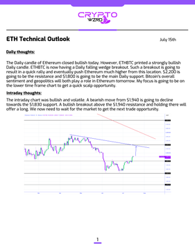 A ETH technical analysis chart dated July 15th showing a bearish downtrend with the price currently sitting below the $1,940 resistance and approaching the $1,830 support level, reflecting the post's mention of a potential short-term bearish move before a bullish reversal.