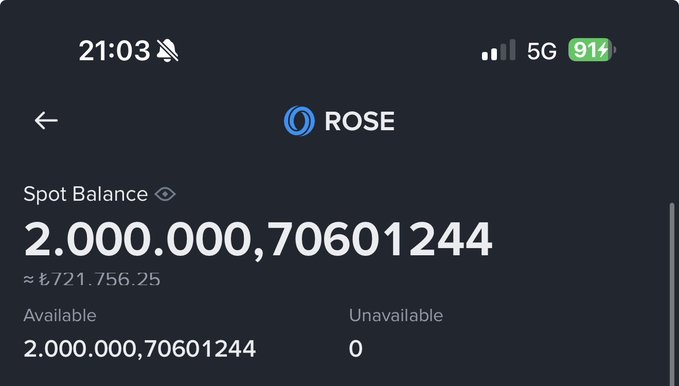 A screenshot of a mobile crypto wallet showing a Spot Balance of 2,000,000.70601244 ROSE (approximately 721,756.25, with 0 unavailable). The image visually confirms the post's claim of holding 2 million ROSE tokens, with all holdings available and currently valued at roughly $0.36 each.
