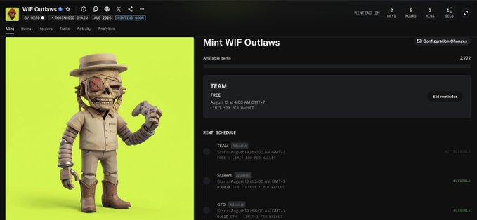 An NFT minting page for 'WIF Outlaws' featuring a stylized skeleton cowboy character on a yellow background, with 2,222 available items and mint schedules for Team, Stakers, and OTD.