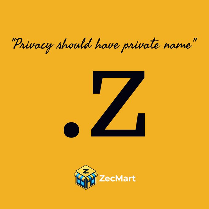 An orange graphic with the quote 'Privacy should have private name', the Zcash 'Z' logo, and a 'ZecMart' logo with a small store icon.
