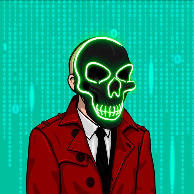 An illustrated figure wearing a glowing green skull mask and a red trench coat against a teal digital background with binary code.