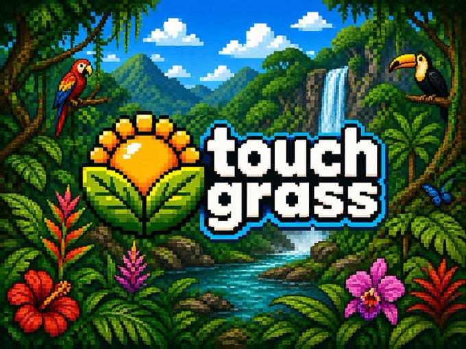 The image features a tropical scene with a waterfall, palm trees, and birds. The text "Touch Grass" is displayed above the image, which suggests that someone has recently added another photo of grass or plants to their collection.