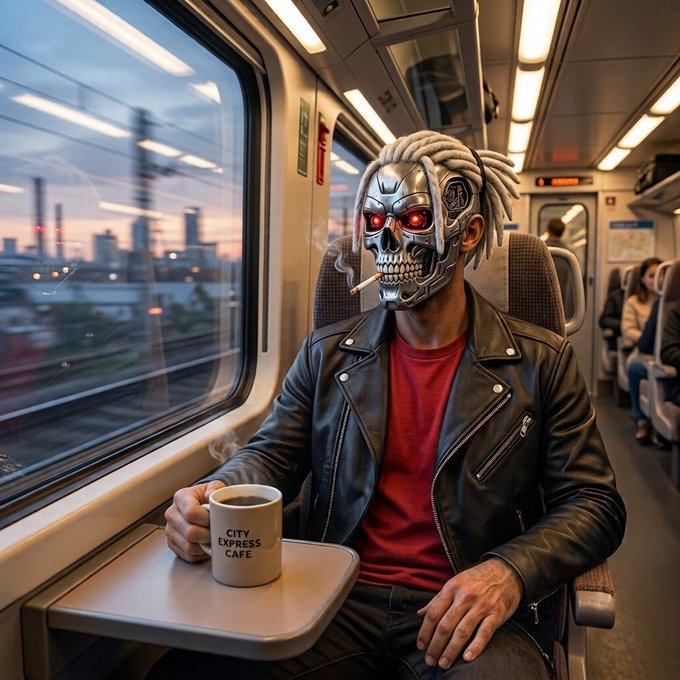 An AI-generated image of a person with a cyborg/skeleton face, dreadlocks, and a leather jacket sitting on a train, smoking a cigarette and holding a coffee mug labeled 'CITY ESPRESS CAFE'.