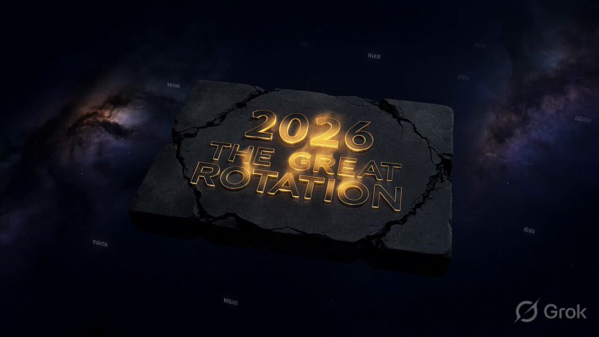 The image features a large stone slab with the text "2026 THE GREAT ROTATION" written on it, surrounded by stars and planets. The background of the image is dark blue, creating an otherworldly atmosphere. The text appears to be in a 3D rendering style, giving the impression that the words are floating or hovering above the slab. The overall design suggests that this could be a promotional piece for a new technology or concept related to artificial intelligence and its potential impact on society.