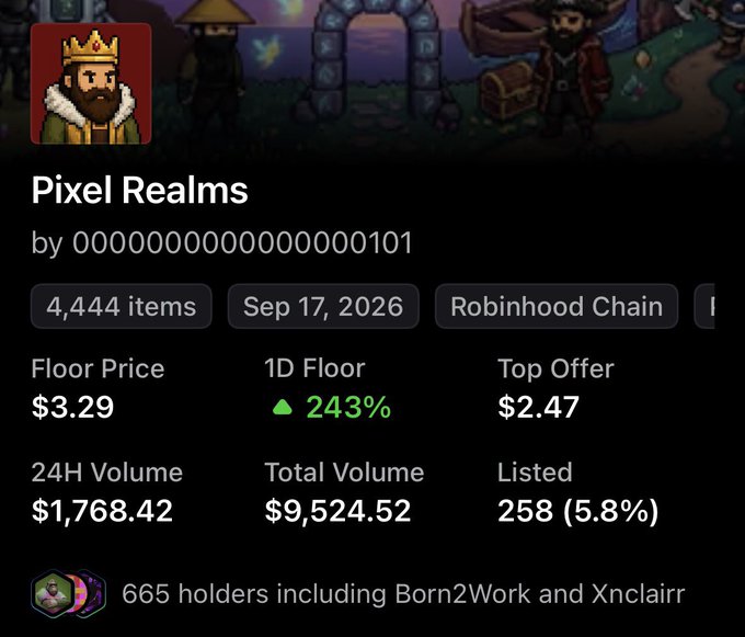A NFT marketplace listing for 'Pixel Realms' by 0000000000000000000101, showing 4,444 items, a floor price of $3.29, and 665 holders.