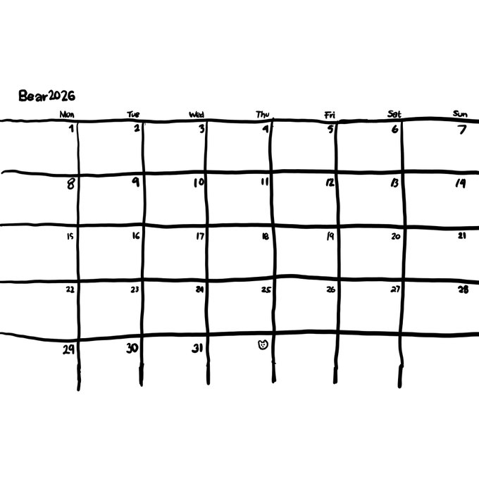 A hand-drawn calendar titled "Bear 2026" showing the month of March 2026, with days arranged from Monday through Sunday and dates 1-31. A small bear face doodle appears in the box for Thursday the 5th (likely indicating a special date or birthday).