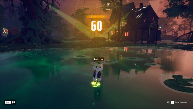 The image features a character standing in water, with a house visible in the background. The character has an item attached to their back that says "60", indicating they have achieved a new level or completed a task. The text also mentions other achievements on the post and a link to a website for more information about the game.