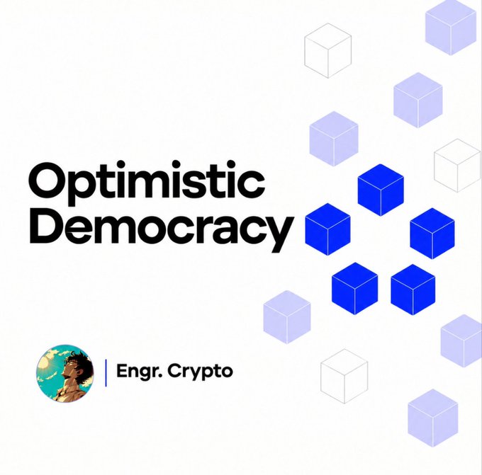 A promotional graphic reads 'Optimistic Democracy' by 'Engr. Crypto' alongside an illustration of a man wearing sunglasses, decorated with blue and lavender isometric cubes.