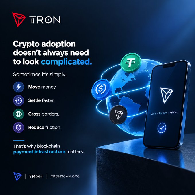 A TRON cryptocurrency advertisement stating 'Crypto adoption doesn't always need to look complicated' with bullet points for Move money, Settle faster, Cross borders, and Reduce friction, directing to tronscan.org.