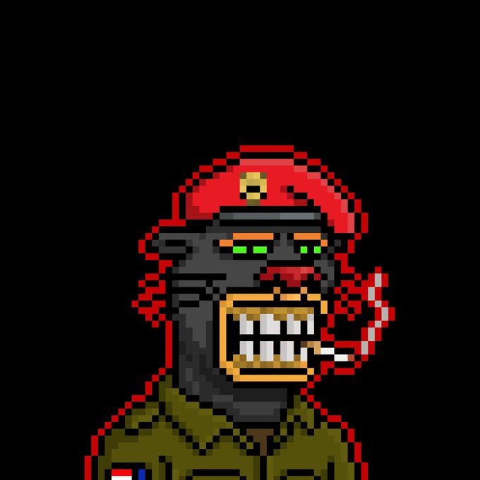 A pixel art portrait of a character with gray skin, a wide toothy grin, green glasses, and a red beret smoking a cigarette against a black background.