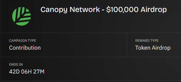 A dark-themed promotional graphic for a 'Canopy Network - $100,000 Airdrop' token campaign with 42 days, 6 hours, 27 minutes remaining.