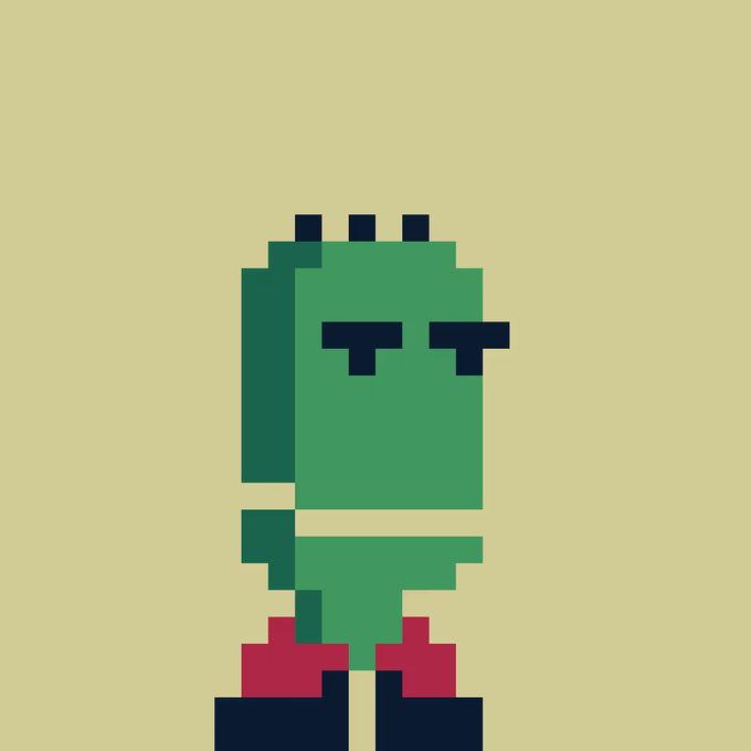 A pixel art character with green skin, a dark ponytail, and red pants standing against a pale yellow background.
