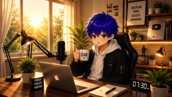 An anime-style illustration of a blue-haired character sitting at a desk with a laptop and microphone, holding a mug labeled 'GM'. Visible text includes 'DISCIPLINE TODAY SUCCESS TOMORROW', 'YouTube', 'FOCUS CREATE INSPIRE', and a digital clock showing '07:30'.