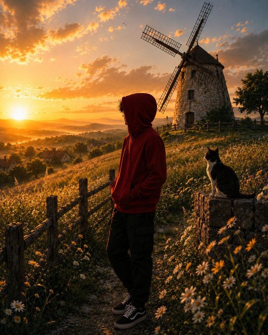 A digital artwork showing a person in a red hooded sweatshirt standing in a wildflower field at sunset, looking toward an old stone windmill while a black and white cat sits nearby.