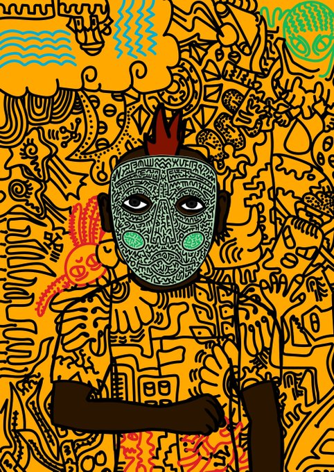 A colorful illustration depicts a dark-skinned figure with a green patterned mask and afro, surrounded by dense black line-art doodles on an orange background.