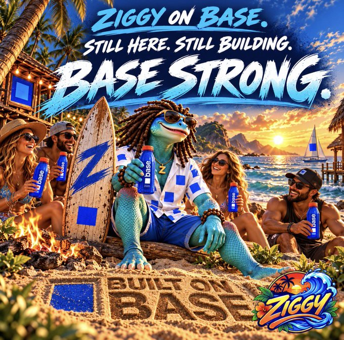 Colorful Base promotional image featuring the blue reptilian mascot Ziggy sitting on a beach with people holding “base” bottles, a surfboard marked “Z,” fire, ocean scenery, and a sunset. Large text reads “ZIGGY ON BASE,” “STILL HERE. STILL BUILDING. BASE STRONG,” and “BUILT ON BASE,” with a “ZIGGY” logo at bottom right.