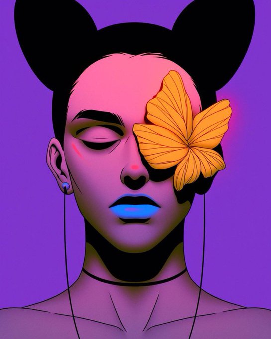 A stylized, vibrant digital illustration of a woman with black hair in two buns, featuring a large orange flower over one eye and striking blue lips, set against a solid purple background.