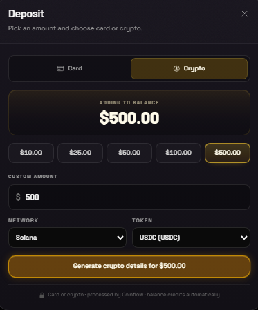 A deposit modal for $500.00 in USDC (USDC) on the Solana network, with Crypto selected and the option to generate crypto details. The image directly supports the announcement by showing the available deposit methods (card and crypto) with preset amounts and a custom amount field, illustrating the site's balance funding process needed to spin the gacha machine.