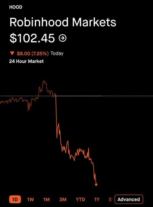 A stock chart for Robinhood Markets (HOOD) shows a price of $102.45, down $8.00 (7.25%) for the day, with the 24-hour graph illustrating a sharp decline.