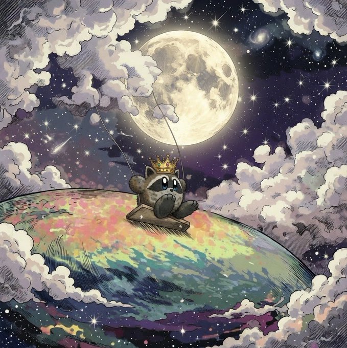 A regal raccoon named Jimothy, wearing a golden crown, sits atop a colorful planet like a tiny king of the cosmos, gazing up at a luminous full moon surrounded by stars and billowing clouds—perfectly embodying the idea that it's "Jimothy's world and we're just living in it."