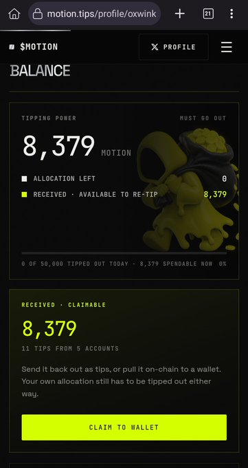 A screenshot of a $MOTION user profile page on motion.tips showing a balance of 8,379 MOTION, with 0 allocation left and all funds already received and claimable, reinforcing the post's warning that the platform is a meaningless engagement-farming scheme where nothing remains to be tipped out.