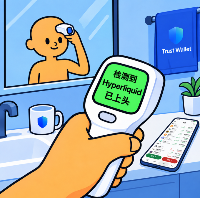 A cartoon illustration shows a hand holding a thermometer that reads '检测到 Hyperliquid 已上头' (Detected Hyperliquid fever), with a Trust Wallet logo on a towel and phone in the background.