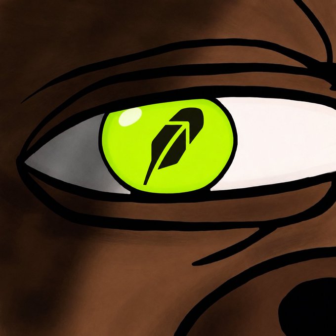 Stylized digital illustration of a close-up eye with a bright green iris featuring a feather/quill design symbol, set against a brown skin-toned background.