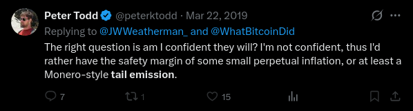 A tweet by Peter Todd (@peterktodd) from March 22, 2019, replying to @JWWeatherman_ and @WhatBitcoinDid, discussing confidence in monetary policy and mentioning perpetual inflation and Monero-style tail emissions.