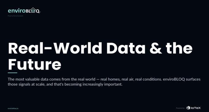 The image shows a presentation slide with black text that reads "Real-World Data & the Future" against a dark background. The title of the presentation is "EnviroBLOQ", which suggests that this content is related to environmental monitoring or data analysis. The image also contains a small logo, possibly representing an organization or company associated with the post.