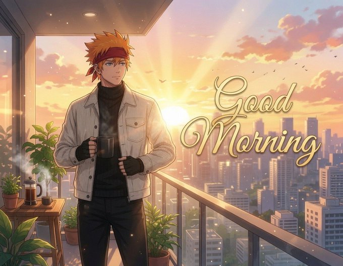 An anime-style illustration of a red-haired man wearing a headband and holding a coffee mug on a balcony with a city skyline at sunrise, with 'Good Morning' text in the sky.