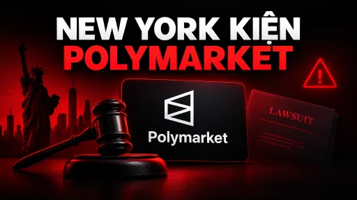 A graphic with the text 'NEW YORK KIỆN POLYMARKET' in white and red, featuring the Polymarket logo, Statue of Liberty silhouette, and a 'LAWSUIT' folder.