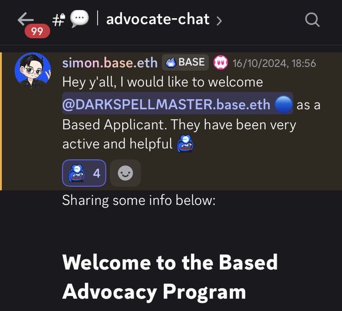 A screenshot of a Telegram chat in the '#advocate-chat' group where user 'simon.base.eth' welcomes '@DARKSPELLMASTER.base.eth' as a Based Applicant, with text below reading 'Welcome to the Based Advocacy Program.'