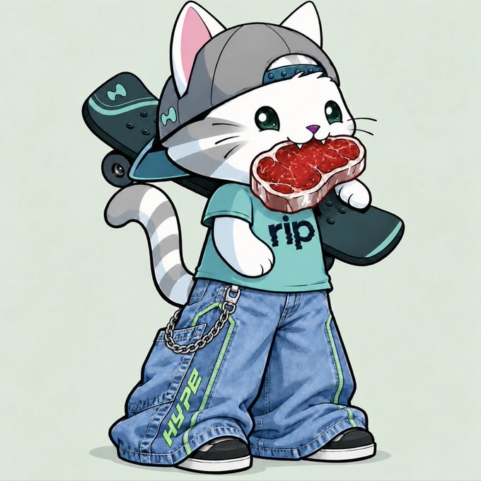 A cartoon illustration of a white cat wearing a backwards cap, teal 'rip' t-shirt, and baggy jeans, holding a piece of raw meat in its mouth and carrying a skateboard.