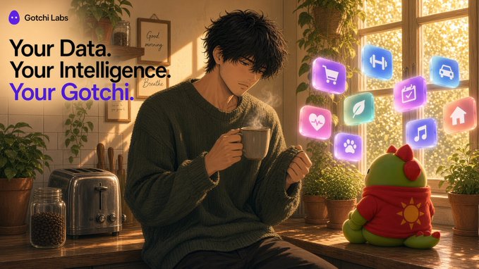 An illustrated advertisement for 'Gotchi Labs' with the tagline 'Your Data. Your Intelligence. Your Gotchi.' shows a young man drinking from a mug next to a green dinosaur mascot, surrounded by floating colorful app icons.