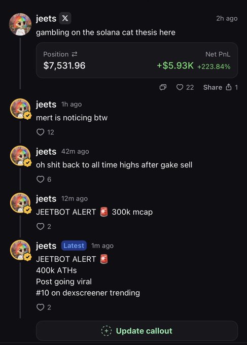 The image shows a series of posts from user "jeets" on a social platform, sharing trading updates including a $7,531.96 position (+$5.93K / +223.84% profit) on Solana, and "JEETBOT ALERT" announcements about reaching 300k and 400k all-time highs (ATHs). The posts tie directly to the caption's call to action, with jeets demonstrating the kind of profitable Solana thesis calls and viral momentum (400k ATHs, trending #10 on Dexscreener) that followers can now catch first on the Pumpfun app before being shared elsewhere.