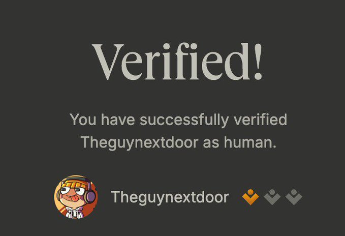 A dark-themed verification screen displays "Verified!" prominently at the top, confirming "You have successfully verified Theguynextdoor as human," alongside the user's cartoon avatar of a blonde character with headphones and the username "Theguynextdoor" with checkmarks. The image celebrates the user's first verification on Ethos Network, acknowledging the role of @AndrewD_0x in helping them achieve this milestone.