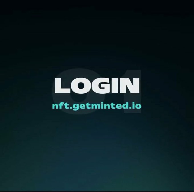 A simple dark graphic with the word 'LOGIN' in large white letters above 'nft.getminted.io' in teal text.