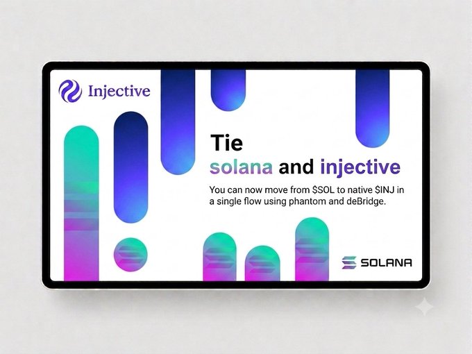 A promotional graphic on a tablet screen for Injective and Solana, reading 'Tie solana and injective - You can now move from $SOL to native $INJ in a single flow using phantom and deBridge.'